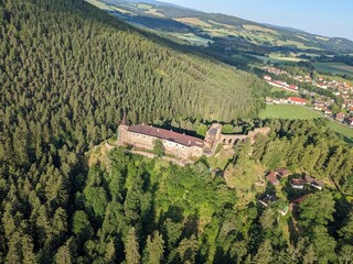 Aerial Panorama of Velhartice Castle in the Bohemian Forest Foothills, Czech Republic