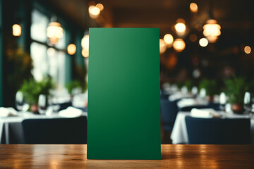 The menu on the table in the restaurant with blurred background. Design template or mockup with copyspace