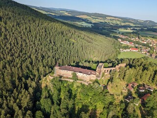 Aerial Panorama of Velhartice Castle in the Bohemian Forest Foothills, Czech Republic