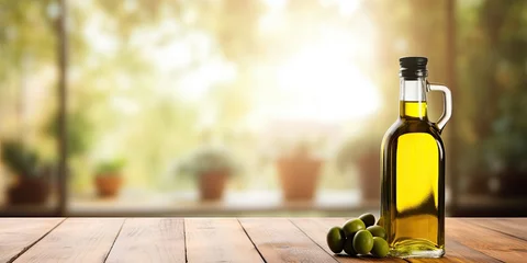 Fototapeten Fresh olive oil bottle on wooden table with text space, blurred background. © Vusal