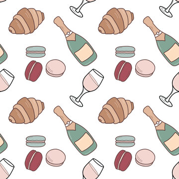 French dessert, pastry seamless pattern. Champagne bottle, croissants and macaroons. Colored vector design for fabric, scrapbooking or packaging.