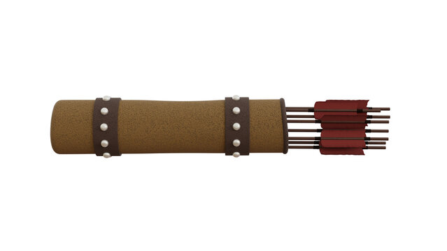 Leather quiver with red arrows isolated on transparent and white background. Archer concept. 3D render