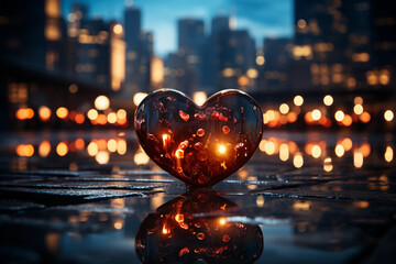 Hearts on night street. Illustration. Valentine's day. Generative AI