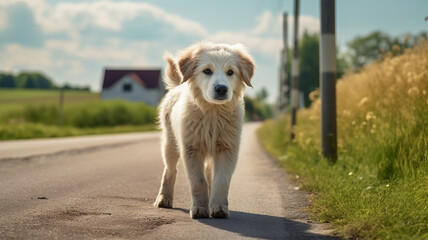 lonely white dog puppy walking on the country road during day 
