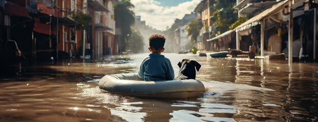 Kid boy and a dog on an inflatable boat in a flooded urban street. Natural disaster.  - obrazy, fototapety, plakaty