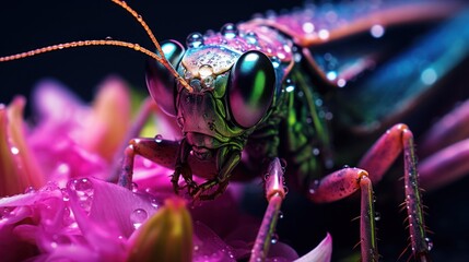 a close up of a grasshopper on a flower with drops of water on it's wings and head, with a black background of pink flowers and purple petals.