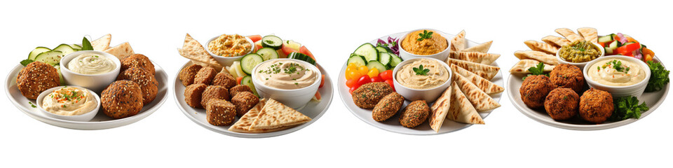 Mezze Falafel Platter with Pita and Hummus Hyperrealistic Highly Detailed Isolated On Transparent Background Png File - obrazy, fototapety, plakaty
