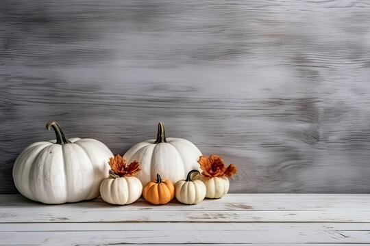 Harvest ambiance, Pumpkins on a wooden backdrop, inviting text and design creativity. A rustic and versatile concept for harvest and Halloween in stock photos.