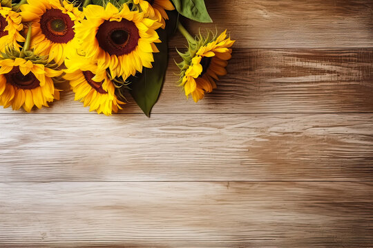 Sunlit warmth, Sunflowers in a vase on a wooden background, a radiant composition with text space, capturing the essence of rustic charm in stock photos.