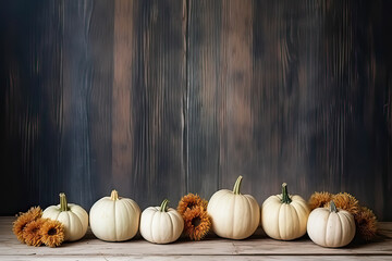 Harvest ambiance, Pumpkins on a wooden backdrop, inviting text and design creativity. A rustic and versatile concept for harvest and Halloween in stock photos.