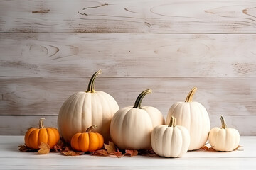 Harvest ambiance, Pumpkins on a wooden backdrop, inviting text and design creativity. A rustic and versatile concept for harvest and Halloween in stock photos.