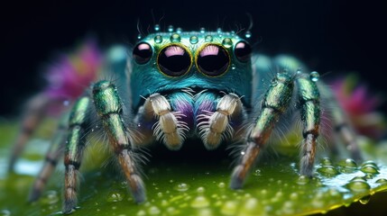 Fototapeta premium a close up of a blue jumping spider on a green leaf with drops of water on it's face and eyes, on a black background with a black background.