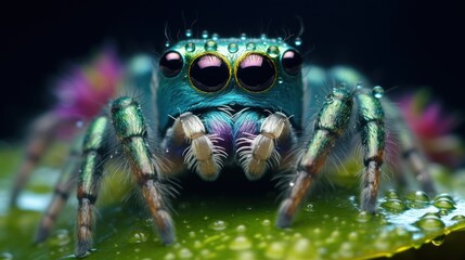  a close up of a blue jumping spider on a green leaf with drops of water on it's face and eyes, on a black background with a black background.