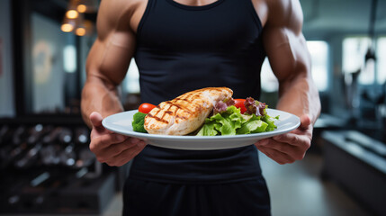 A muscular man in a gym environment holds a plate of healthy grilled chicken salad, exemplifying a nutritious post-workout meal