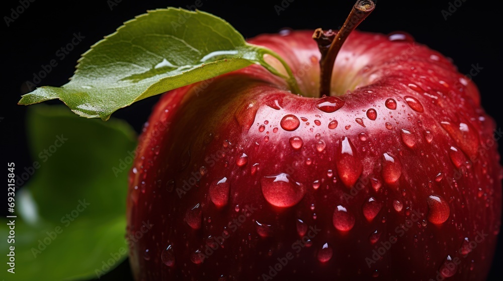 Poster a close up of a red apple with drops of water on the inside of it and a green leaf on the outside of