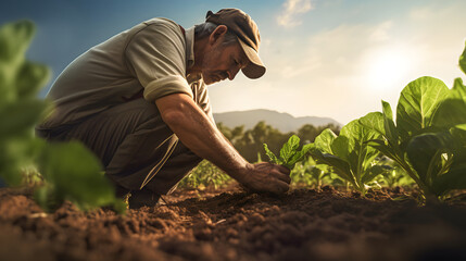 farmer in field. planting vegetables by hand in an organic farm, growing healthy natural food.