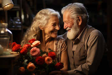 Senior man surprises wife with flowers, celebrating valentines day, ai generative