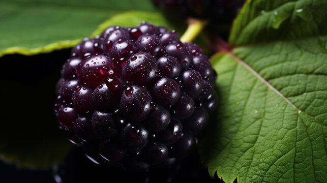  a close up of a blackberry on a leaf with drops of water on the fruit and the leaves on the other side of the image is black with green leaves.