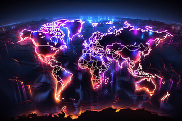 Glowing horizons, World map illuminated with vibrant neon, a visually striking and modern concept...