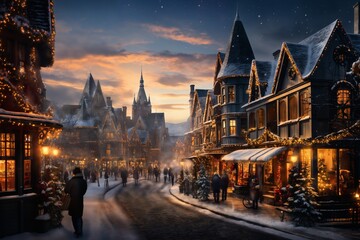 beautiful view of village street in winter, exteriors of houses decorated for Christmas or New Year holiday, snow, street lights, festive environment