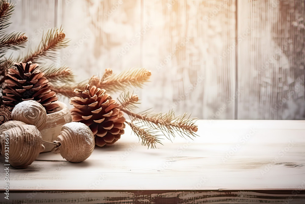 Aufkleber natures charm, fir cones on a wooden background, providing space for text and design. a rustic and v