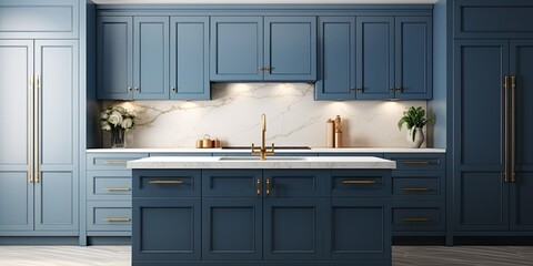 Blue navy kitchen cabinets with gold metal handles and marble countertops, popular shaker door design for kitchen or bathroom remodel. visualization.
