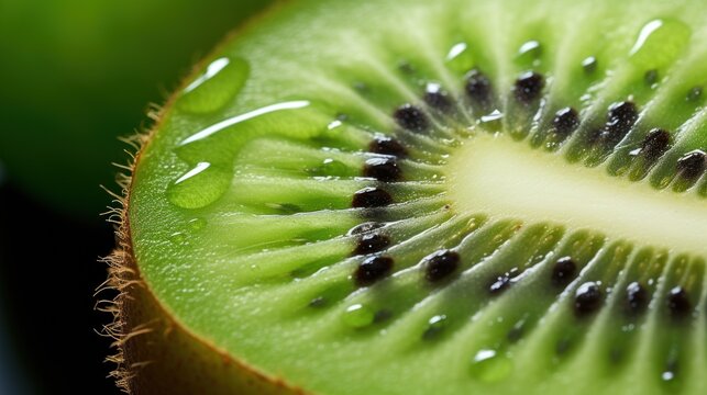  a close up of a kiwi fruit with water droplets on it's petals and a slice of the fruit in the middle of the middle of the image.