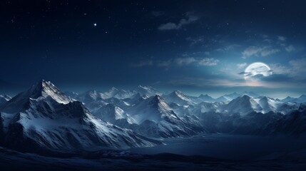 Fototapeta na wymiar An HD photograph of a grand snowy mountain range at night, with a full moon illuminating the landscape, creating a serene and magical atmosphere