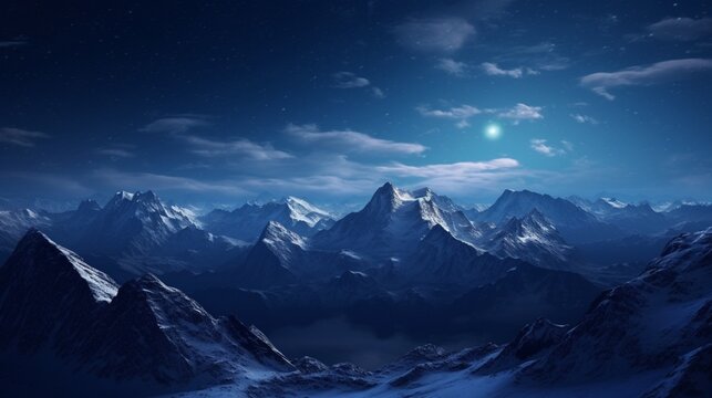 An HD photograph of a grand snowy mountain range at night, with a full moon illuminating the landscape, creating a serene and magical atmosphere