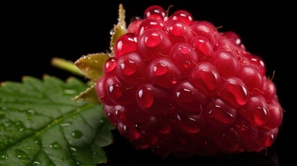  a close up of a raspberry on a leaf with drops of water on the top and bottom of the berry, on a black background with green leaves.