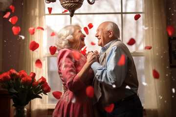 Senior man with wife with hearts, celebrating valentines day