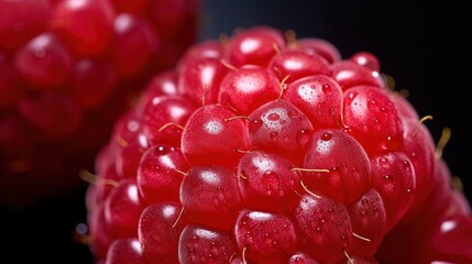  a close up of a bunch of red fruit with drops of water on the fruit and the fruit on the other side of the fruit is red and has a black background.