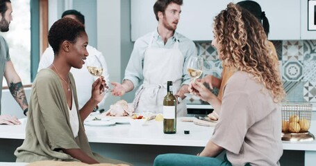 Friends, cheers or wine for dinner party by table, together or alcohol for social event in home. Gratitude, men and women for toast in summer celebration, holidays and diversity with talking in house