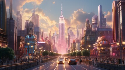 Fototapeta premium A busy downtown street, framed by towering architectural wonders, captured in crystal-clear detail, highlighting the grandeur of the city's skyline