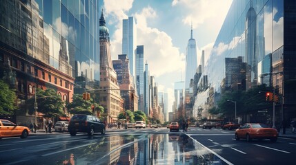 A busy downtown street, framed by towering architectural wonders, captured in crystal-clear detail, highlighting the grandeur of the city's skyline - obrazy, fototapety, plakaty