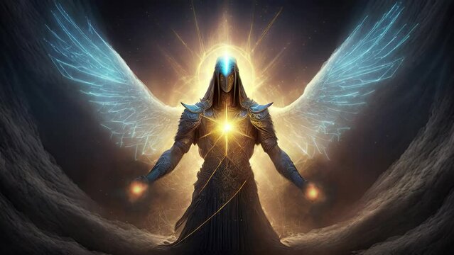 The Metatron. Ancient Archangel with large wings and flaming energy in hands. Male Angel with large wings and mystical glows.  2d hand animation +  3d fx of AI Generated Image