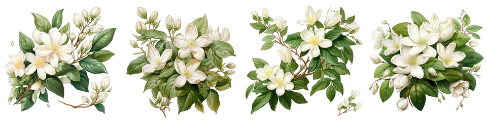 Jasmine flowers and leaves Hyperrealistic Highly Detailed Isolated On Transparent Background Png File