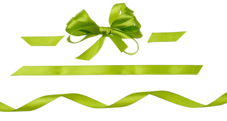 Twisted green satin ribbon, bow and pieces. Decor for gift wrapping