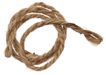 Brown twine rope on a white isolated background, top view.