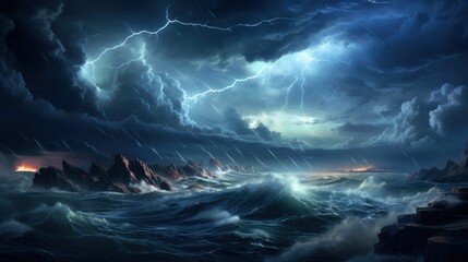  a painting of a storm in the middle of the ocean with a lighthouse in the foreground and lightning in the middle of the sky in the middle of the background.