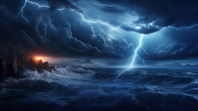  a picture of a storm in the sky over a body of water with a lighthouse in the foreground and a lightning bolt in the middle of the sky above the water.