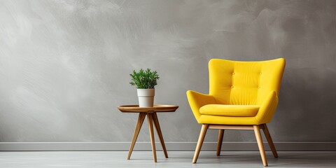 Yellow chair and wooden table in modern interior. - obrazy, fototapety, plakaty