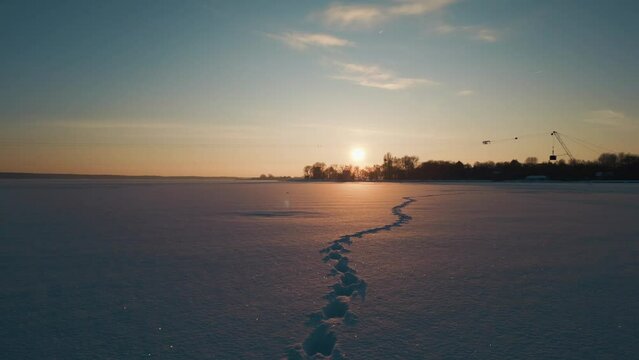 footprint on white fresh snow at sunny winter weather, animal trace on snowy frozen surface of lake 4k
