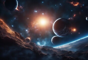Breathtaking space scene with swirling galaxies and distant planets and stars. Cosmic voyage scene