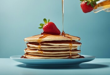 Levitating strawberry over a stack of pancakes with honey isolated on light a blue background - obrazy, fototapety, plakaty