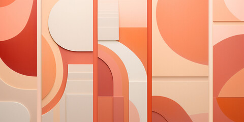 An 3D geometric abstraction art in peach fuzz color palette. Different orange white round and square shapes. Modern art. - obrazy, fototapety, plakaty