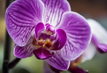 Single macro purple orchid flower for background with morning light Valentine Mothers Day birthday 
