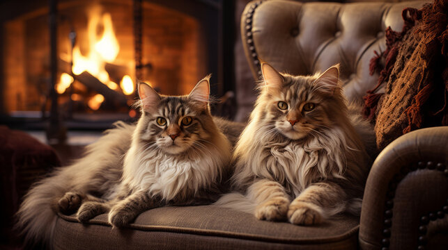 Two large beautiful fluffy cats (Maine Coon) are sitting in a cozy soft chair with a blanket, in the interior of a cozy house with a burning fireplace in the background. Fluffy pets and home