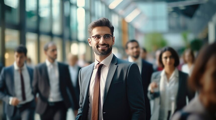 Attractive young businessman in glasses and suit smiling, standing in modern crowded business center