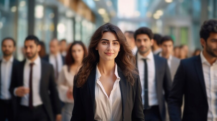 Graceful businesswoman in smart suit enjoys lively walk in bustling corporate center with colleagues